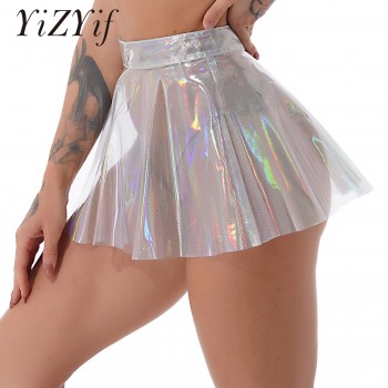 Women See-through Flared Skirt Bodycon Glossy Shiny Holographic High Waist Mini Skirt Rave Party